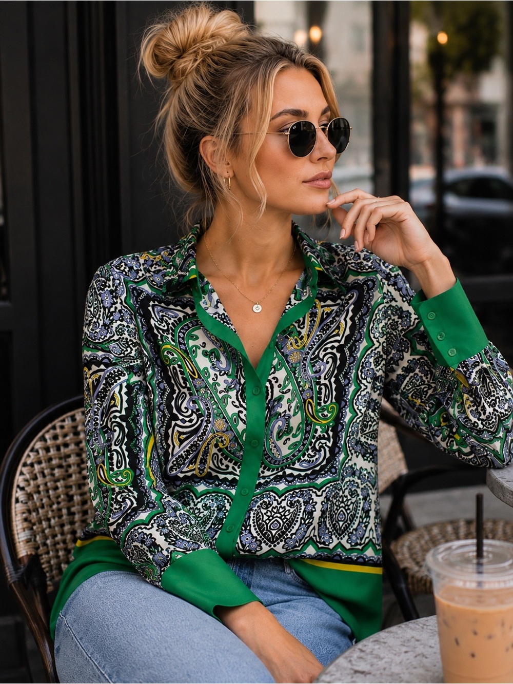 Maison d’Amélie Paris Paisley Button Front Blouse | Green Scarf Print | Size M